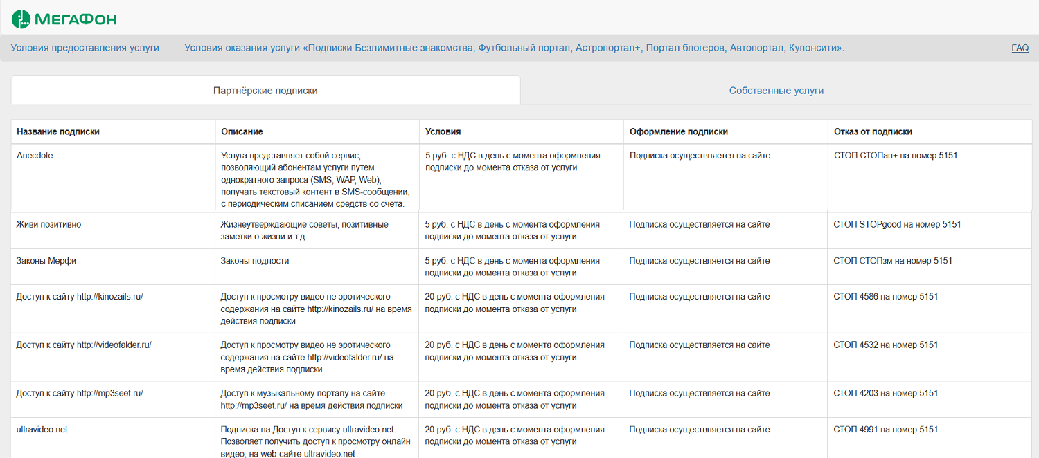 Платные мобильные подписки на МегаФон